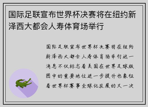 国际足联宣布世界杯决赛将在纽约新泽西大都会人寿体育场举行 国际足联宣布世界杯决赛将在纽约新泽西大都会人寿体育场举行